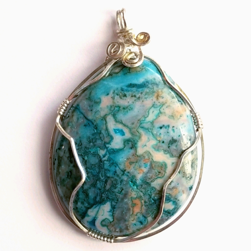 Blue Lace Agate pendant wire wrapped silver handmade stone southwestern